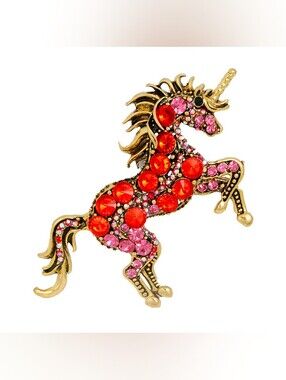 Gold Unicorn Brooch/Pendant with Red & Pink Rhinestones